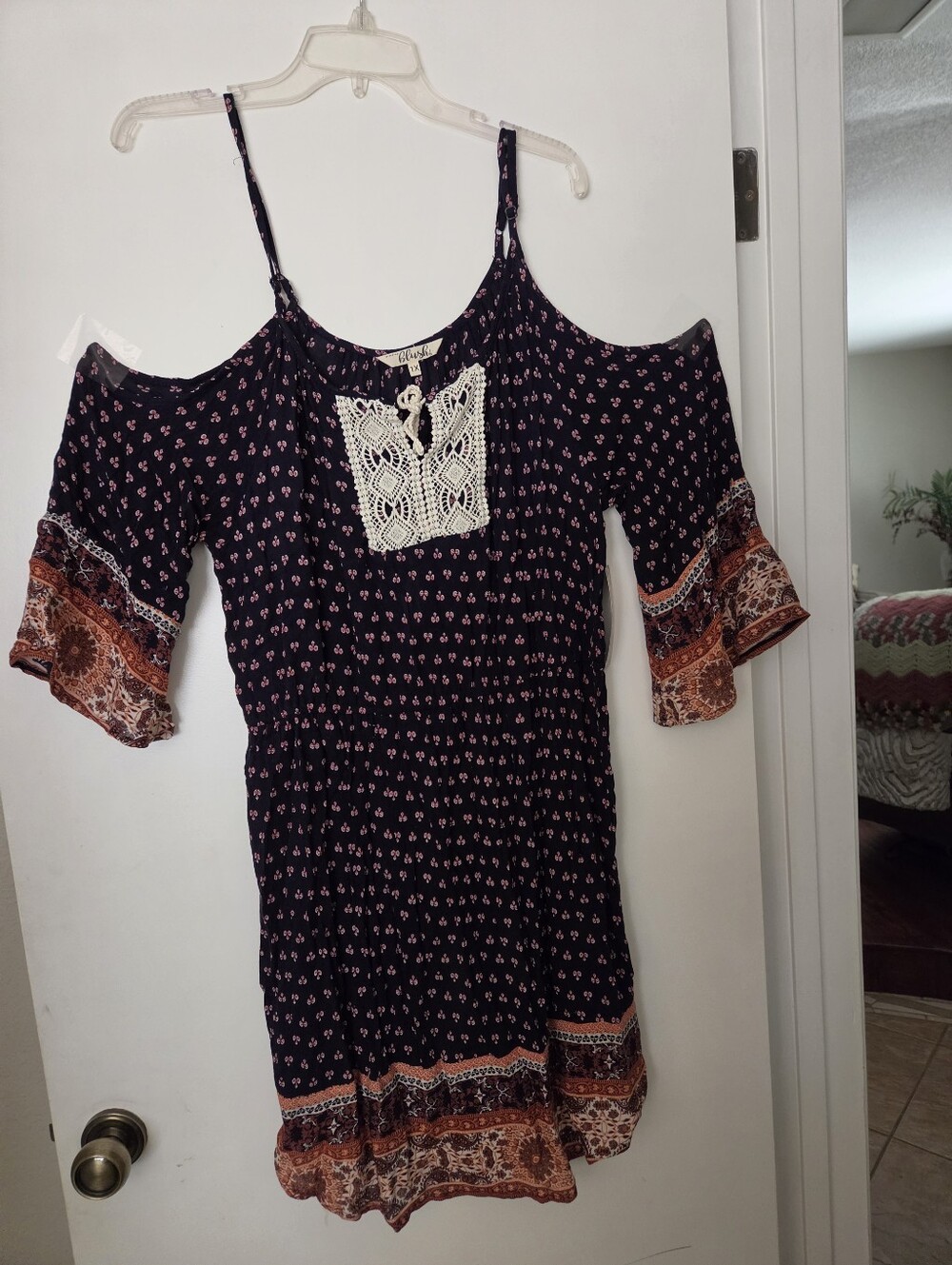 Blush Navy Cold-Shoulder Boho Mini Dress with Rust Border